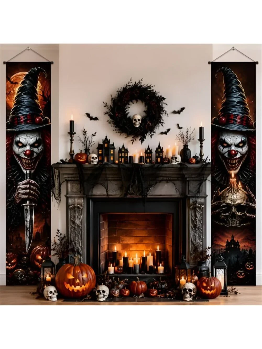 2PCS Halloween Porch Banner Decorations Scary Evil Clown Front Door Signs for